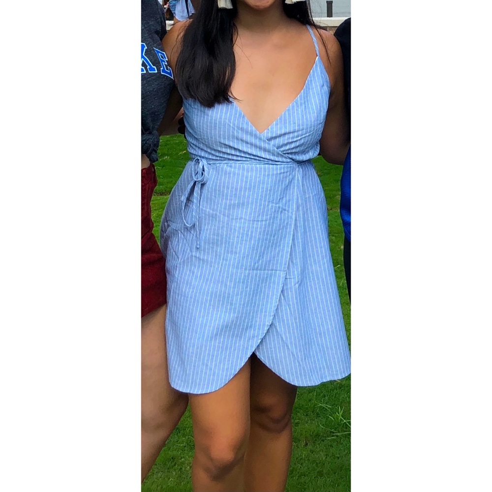 Striped blue and white wrap dress